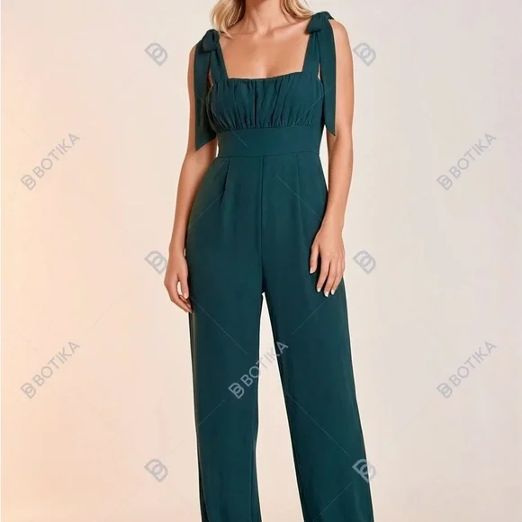 Audrey Parks Francesca’s Tie-Shoulder Forest Green Wide-Leg Jumpsuit Women - Picture 2 of 9